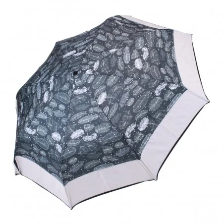 Parapluie Imprimé plumes et bande grise mini léger ouverture manuelle