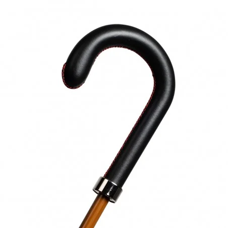 Black leather handle with red stitching
