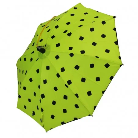 Kinderregenschirm in leuchtendem Gelb mit schwarzem Würfelmuster, seitlich