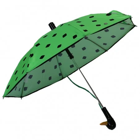 Children's umbrella in fluorescent green with black cube pattern, open