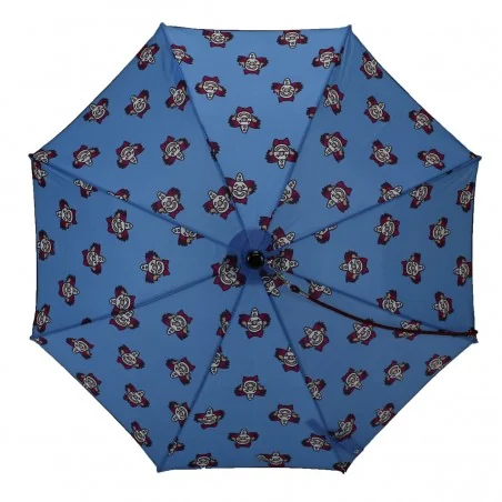 Blue children's umbrella with clown motif, front view