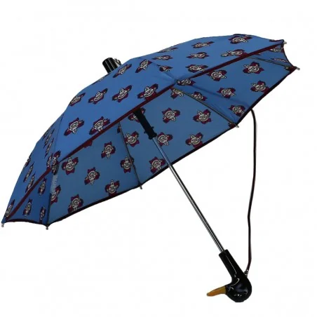 Blue children's umbrella with clown motif, open