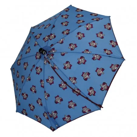Blue children's umbrella with clown motif, side view
