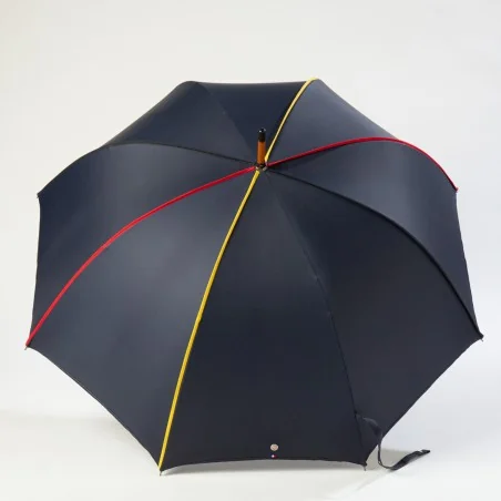 Stockschirm Marineblau mit deutscher Bortenverzierung, offen