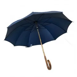 Englischer Regenschirm Oxford Blau mit gebogenem Griff, von vorne geöffnet