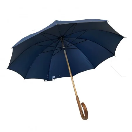 Englischer Regenschirm Oxford Blau mit gebogenem Griff, von vorne geöffnet