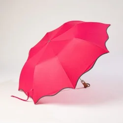 Automatic opening folding parasol, raspberry with grey trim, open