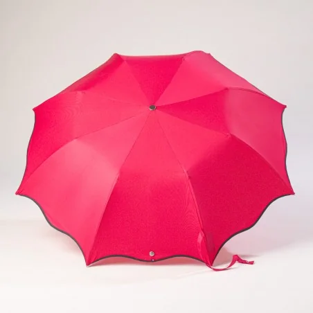 Automatic opening folding parasol, raspberry with grey trim, front view