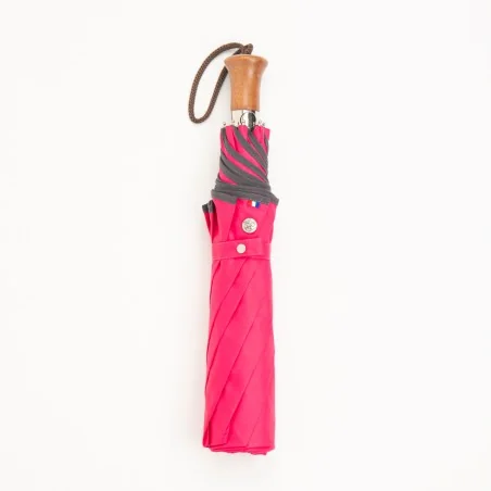Automatic opening folding parasol, raspberry with grey trim, closed