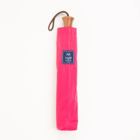 Automatic opening folding parasol in grey and raspberry with grey trim, in its case
