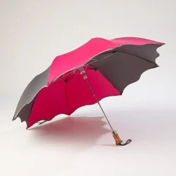 Automatic opening folding parasol Grey and Raspberry with grey trim, open