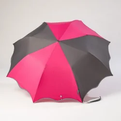 Automatic opening folding parasol, grey and raspberry with grey bias binding, front view