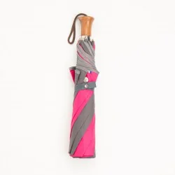 Automatic opening folding parasol Grey and Raspberry with grey bias binding, closed