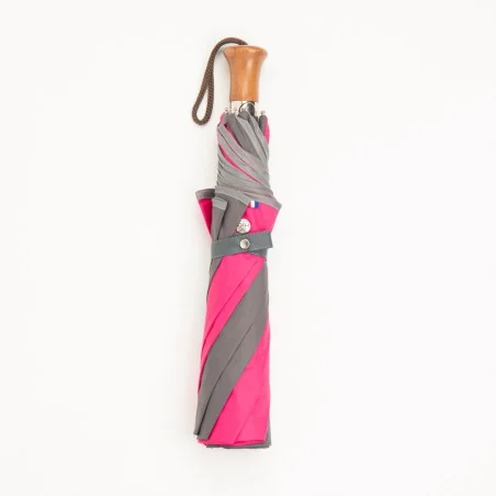 Automatic opening folding parasol Grey and Raspberry with grey bias binding, closed
