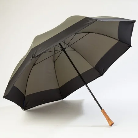 Khaki golf umbrella, open from the front