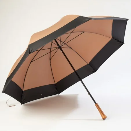 Brown golf umbrella, open at the front